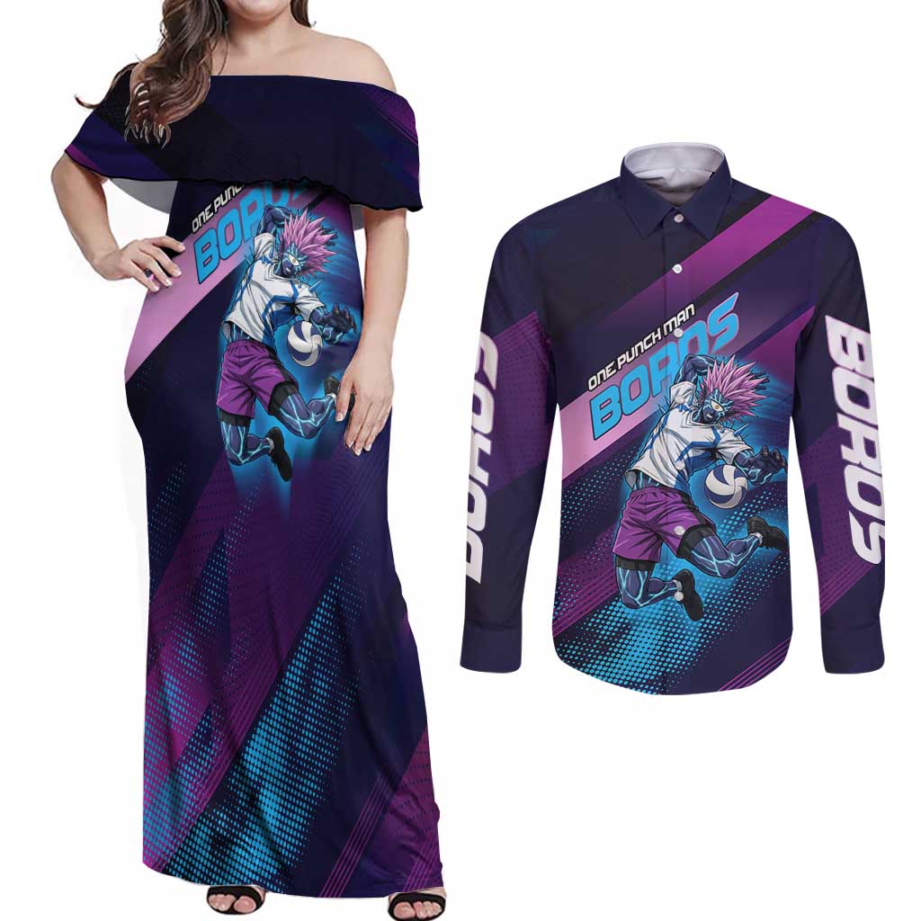Personalized Boros Volleyball Action Design Couples Matching Off Shoulder Maxi Dress and Long Sleeve Button Shirt With a dynamic sporty style in purple and blue.