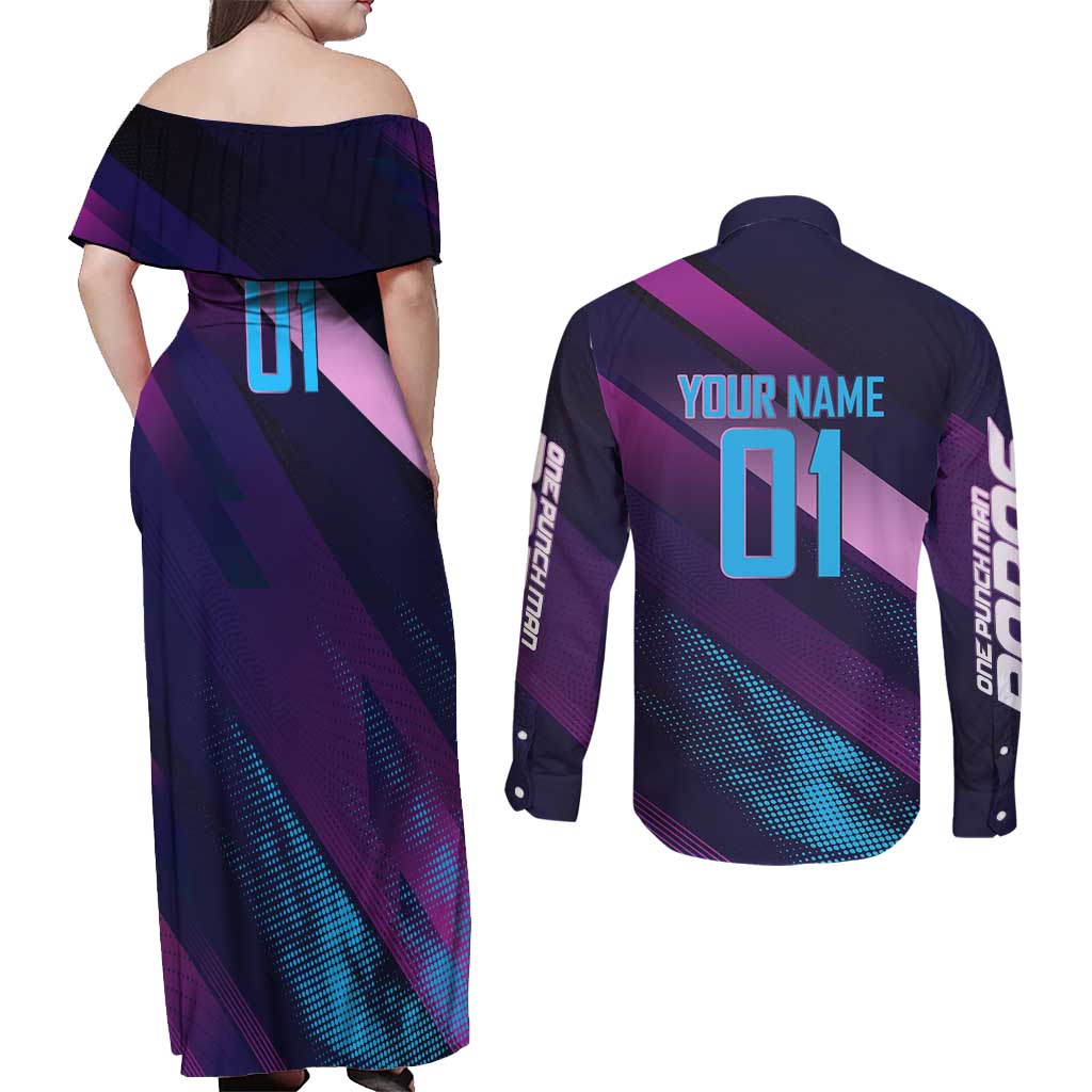 Personalized Boros Volleyball Action Design Couples Matching Off Shoulder Maxi Dress and Long Sleeve Button Shirt With a dynamic sporty style in purple and blue.