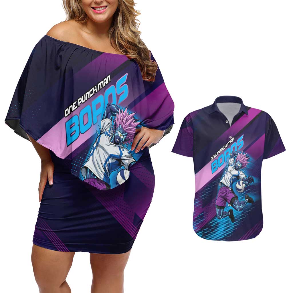 Personalized Boros Volleyball Action Design Couples Matching Off Shoulder Short Dress and Hawaiian Shirt With a dynamic sporty style in purple and blue.