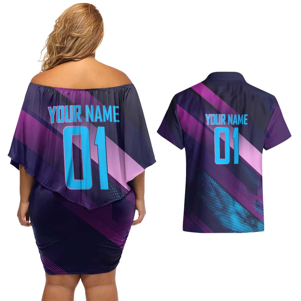 Personalized Boros Volleyball Action Design Couples Matching Off Shoulder Short Dress and Hawaiian Shirt With a dynamic sporty style in purple and blue.