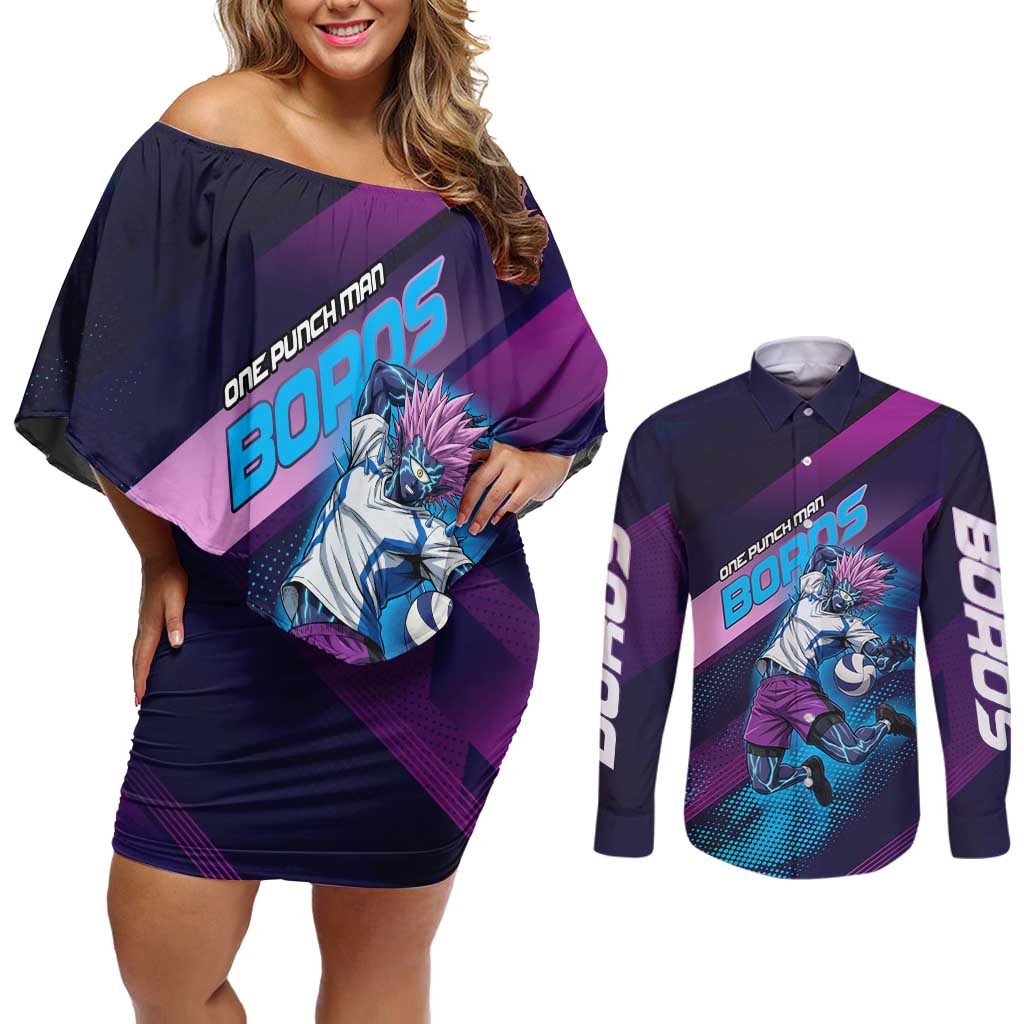 Personalized Boros Volleyball Action Design Couples Matching Off Shoulder Short Dress and Long Sleeve Button Shirt With a dynamic sporty style in purple and blue.