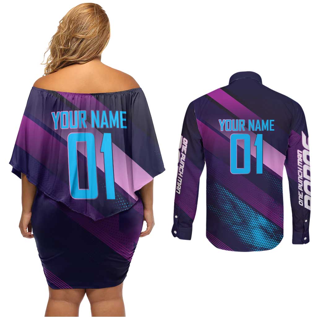 Personalized Boros Volleyball Action Design Couples Matching Off Shoulder Short Dress and Long Sleeve Button Shirt With a dynamic sporty style in purple and blue.