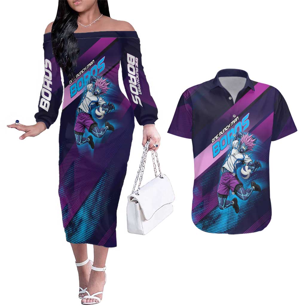 Personalized Boros Volleyball Action Design Couples Matching Off The Shoulder Long Sleeve Dress and Hawaiian Shirt With a dynamic sporty style in purple and blue.
