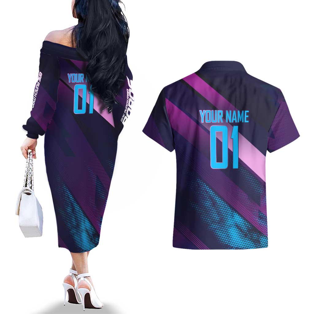 Personalized Boros Volleyball Action Design Couples Matching Off The Shoulder Long Sleeve Dress and Hawaiian Shirt With a dynamic sporty style in purple and blue.