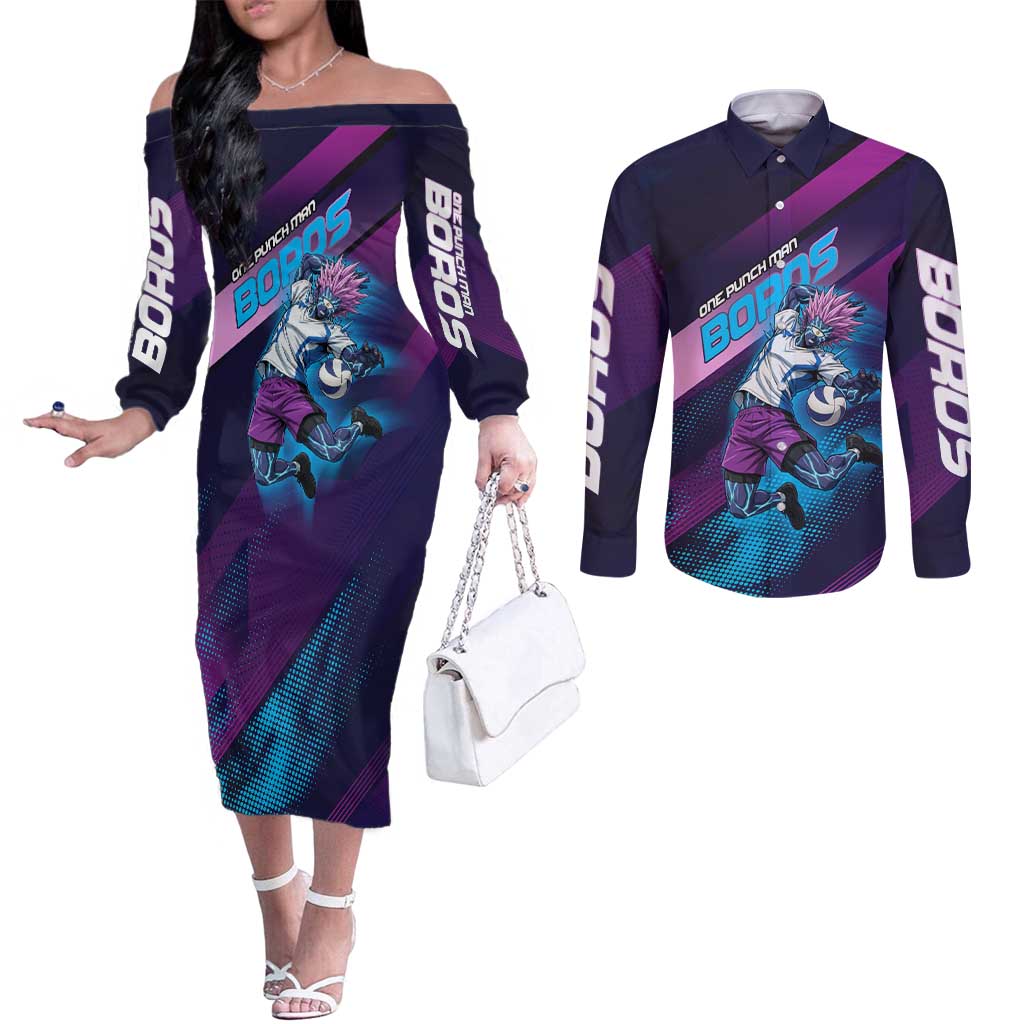Personalized Boros Volleyball Action Design Couples Matching Off The Shoulder Long Sleeve Dress and Long Sleeve Button Shirt With a dynamic sporty style in purple and blue.