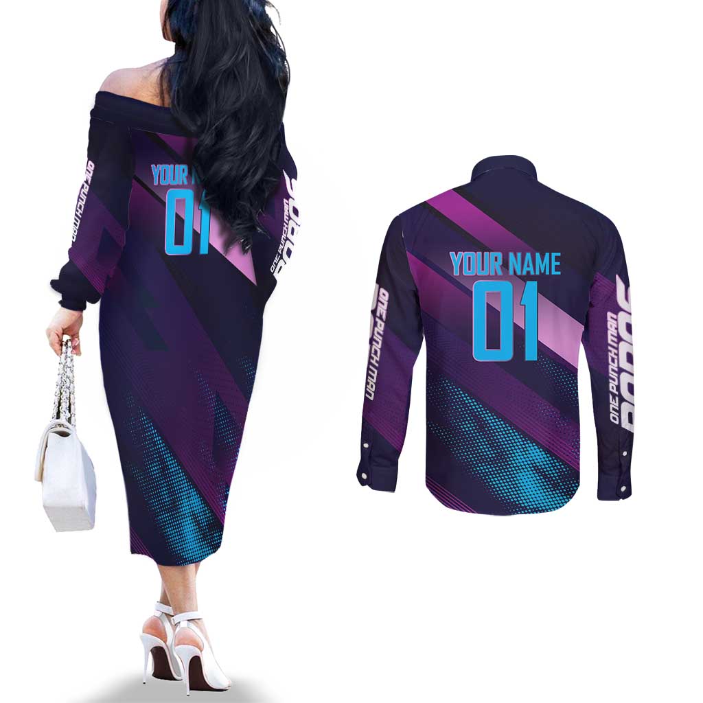 Personalized Boros Volleyball Action Design Couples Matching Off The Shoulder Long Sleeve Dress and Long Sleeve Button Shirt With a dynamic sporty style in purple and blue.