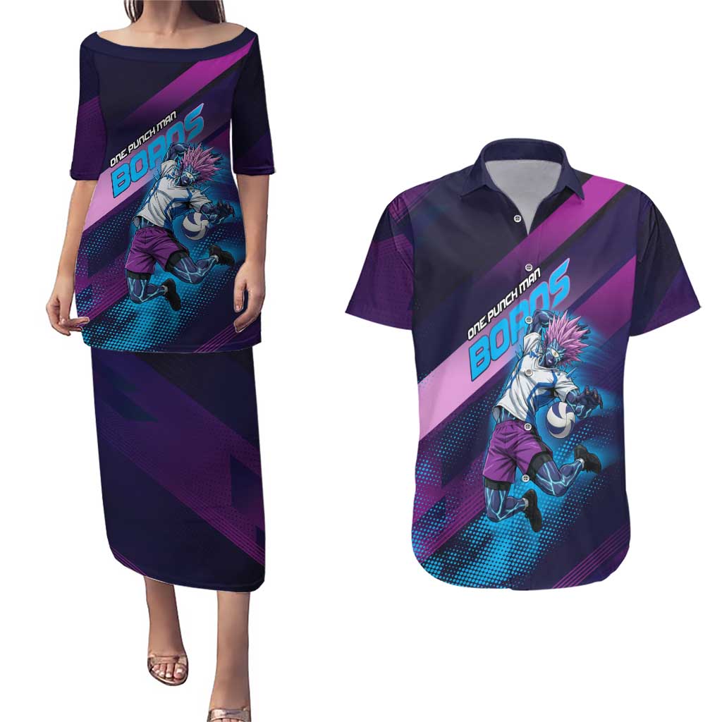 Personalized Boros Volleyball Action Design Couples Matching Puletasi and Hawaiian Shirt With a dynamic sporty style in purple and blue.