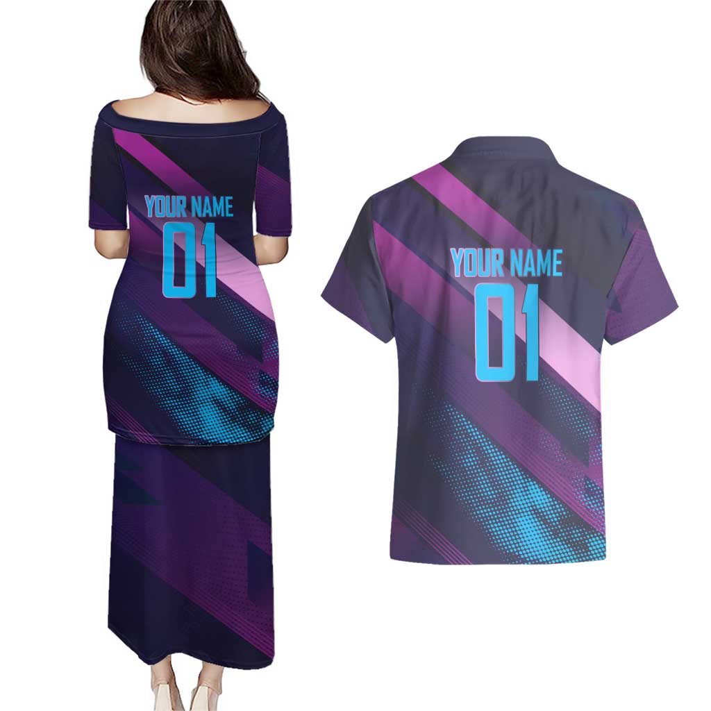 Personalized Boros Volleyball Action Design Couples Matching Puletasi and Hawaiian Shirt With a dynamic sporty style in purple and blue.