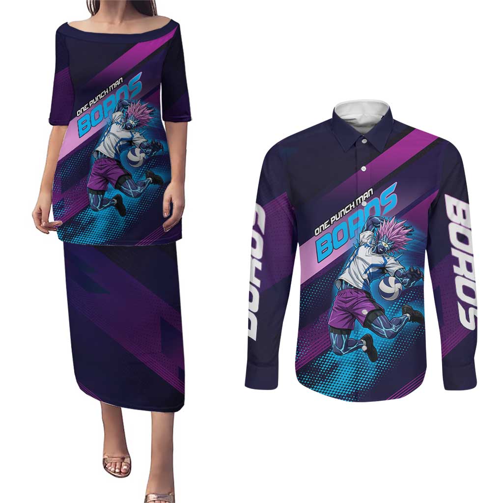 Personalized Boros Volleyball Action Design Couples Matching Puletasi and Long Sleeve Button Shirt With a dynamic sporty style in purple and blue.