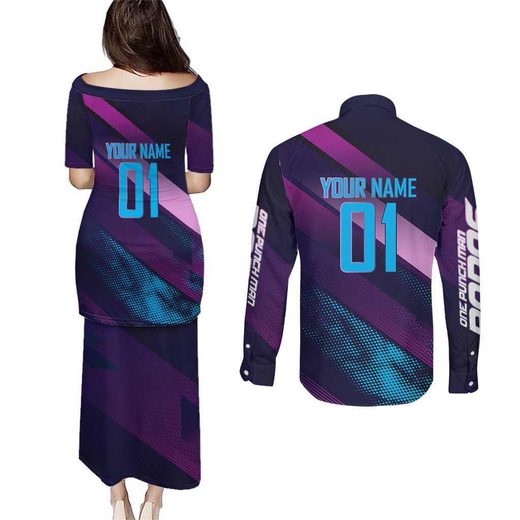 Personalized Boros Volleyball Action Design Couples Matching Puletasi and Long Sleeve Button Shirt With a dynamic sporty style in purple and blue.