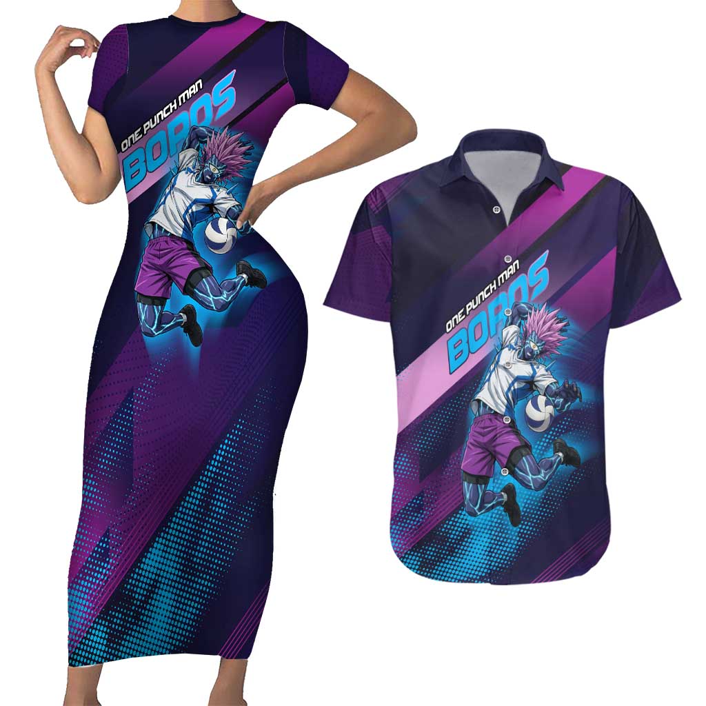 Personalized Boros Volleyball Action Design Couples Matching Short Sleeve Bodycon Dress and Hawaiian Shirt With a dynamic sporty style in purple and blue.
