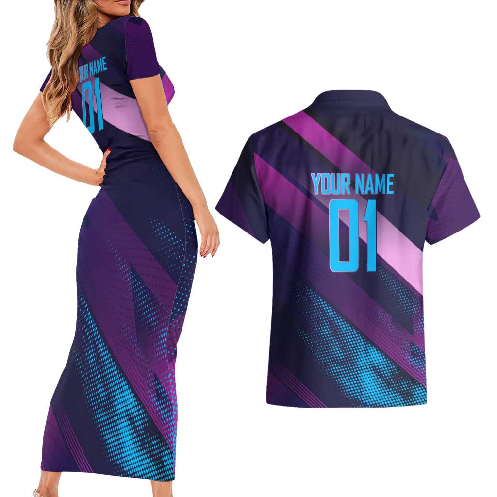 Personalized Boros Volleyball Action Design Couples Matching Short Sleeve Bodycon Dress and Hawaiian Shirt With a dynamic sporty style in purple and blue.