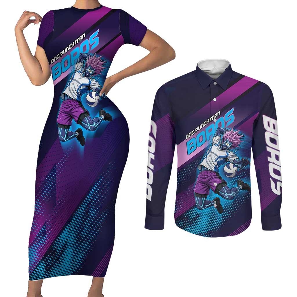 Personalized Boros Volleyball Action Design Couples Matching Short Sleeve Bodycon Dress and Long Sleeve Button Shirt With a dynamic sporty style in purple and blue.