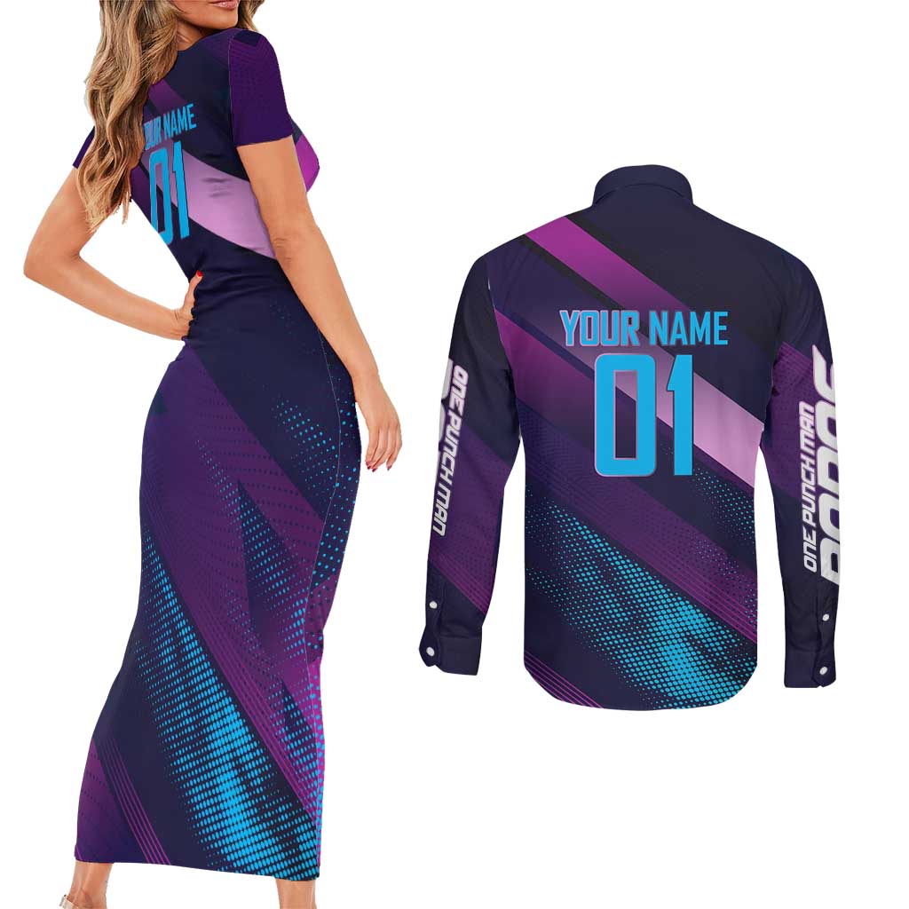 Personalized Boros Volleyball Action Design Couples Matching Short Sleeve Bodycon Dress and Long Sleeve Button Shirt With a dynamic sporty style in purple and blue.