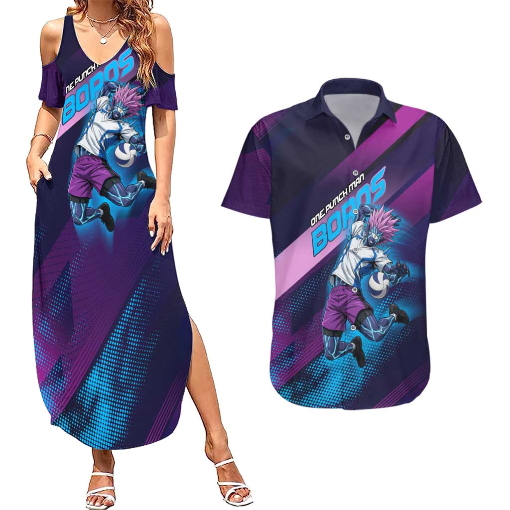 Personalized Boros Volleyball Action Design Couples Matching Summer Maxi Dress and Hawaiian Shirt With a dynamic sporty style in purple and blue.