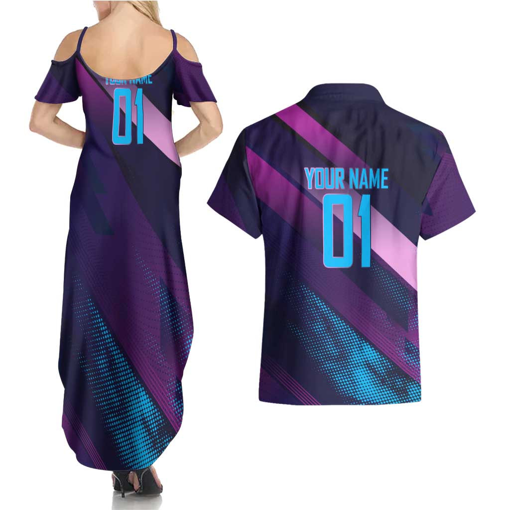 Personalized Boros Volleyball Action Design Couples Matching Summer Maxi Dress and Hawaiian Shirt With a dynamic sporty style in purple and blue.