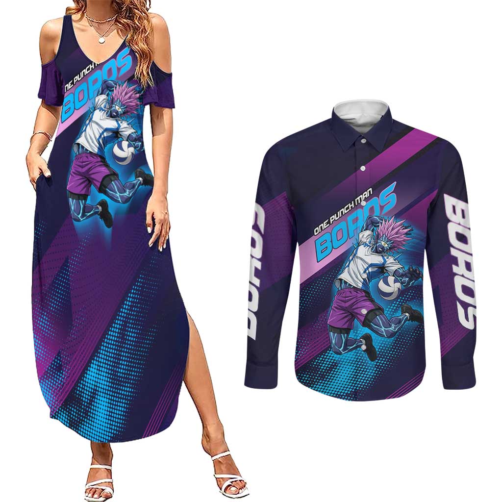 Personalized Boros Volleyball Action Design Couples Matching Summer Maxi Dress and Long Sleeve Button Shirt With a dynamic sporty style in purple and blue.