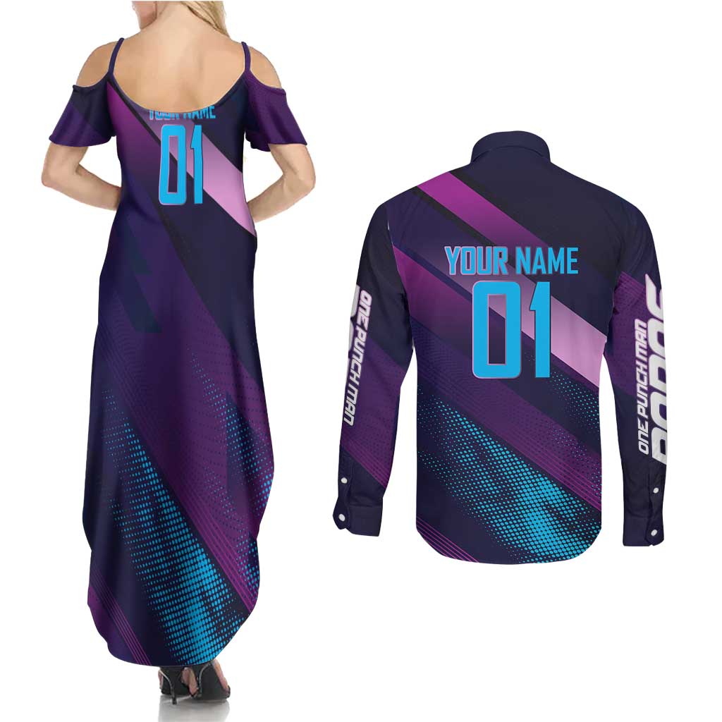 Personalized Boros Volleyball Action Design Couples Matching Summer Maxi Dress and Long Sleeve Button Shirt With a dynamic sporty style in purple and blue.