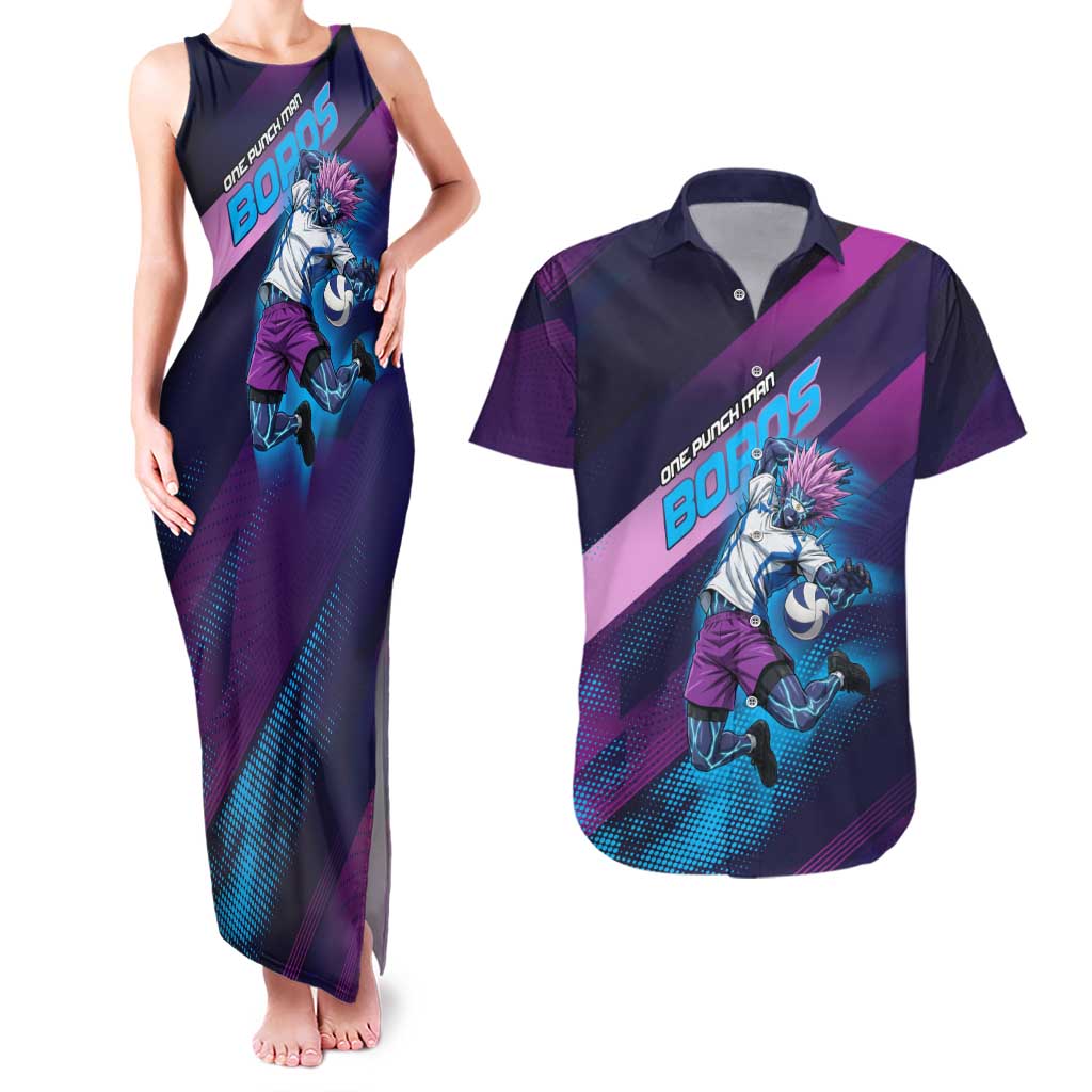 Personalized Boros Volleyball Action Design Couples Matching Tank Maxi Dress and Hawaiian Shirt With a dynamic sporty style in purple and blue.