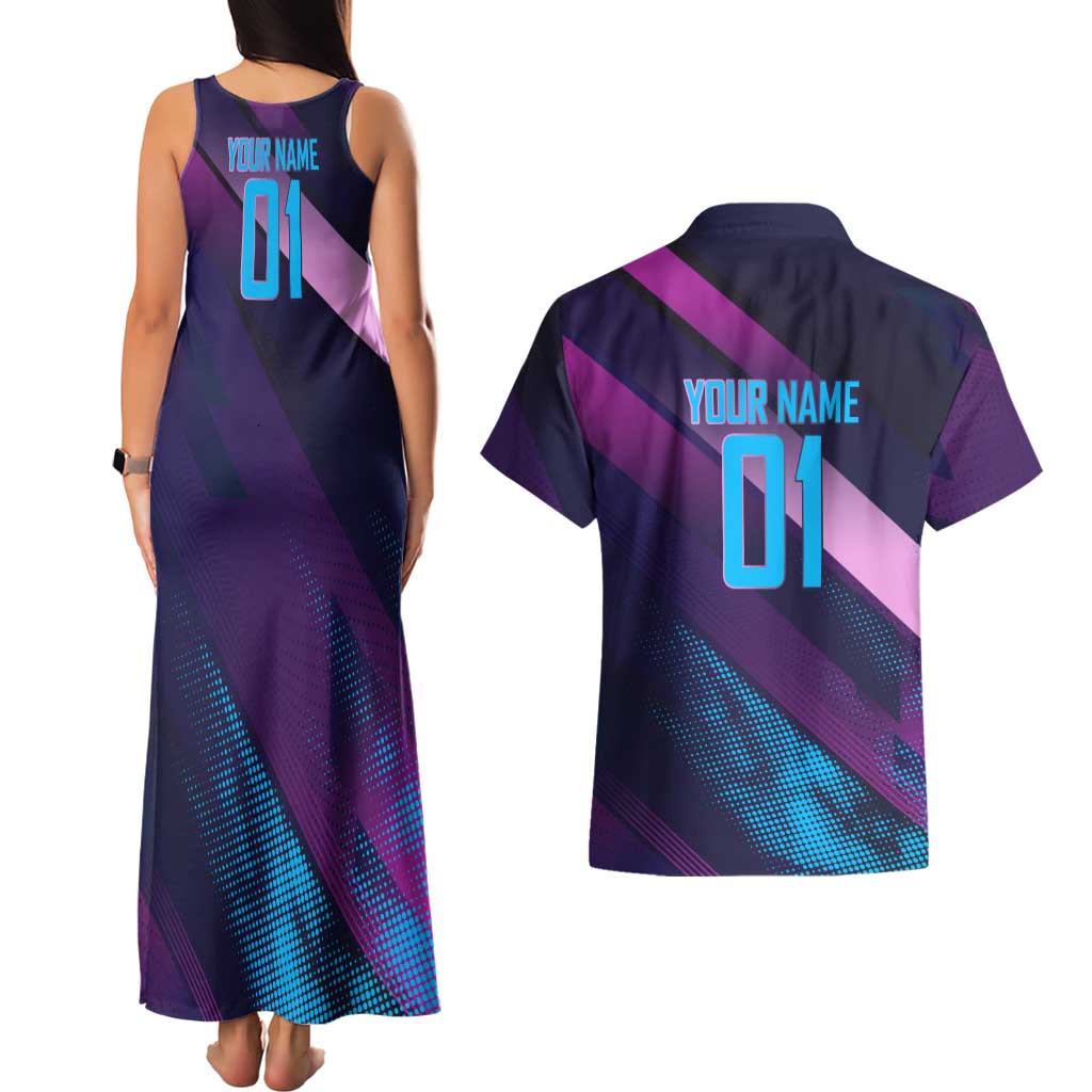 Personalized Boros Volleyball Action Design Couples Matching Tank Maxi Dress and Hawaiian Shirt With a dynamic sporty style in purple and blue.