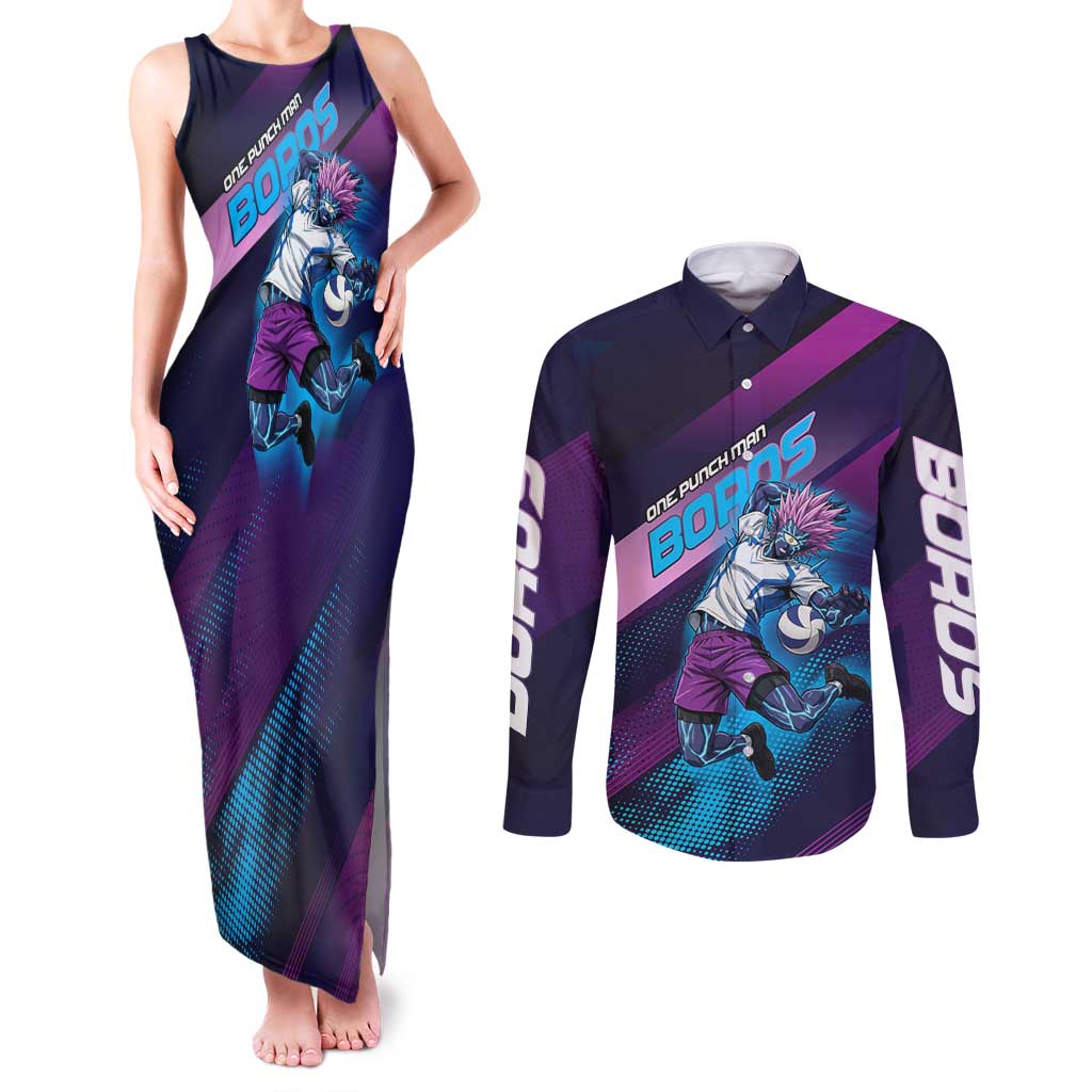 Personalized Boros Volleyball Action Design Couples Matching Tank Maxi Dress and Long Sleeve Button Shirt With a dynamic sporty style in purple and blue.