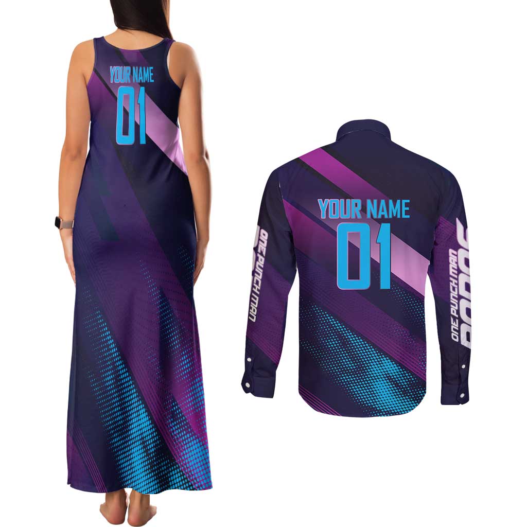 Personalized Boros Volleyball Action Design Couples Matching Tank Maxi Dress and Long Sleeve Button Shirt With a dynamic sporty style in purple and blue.
