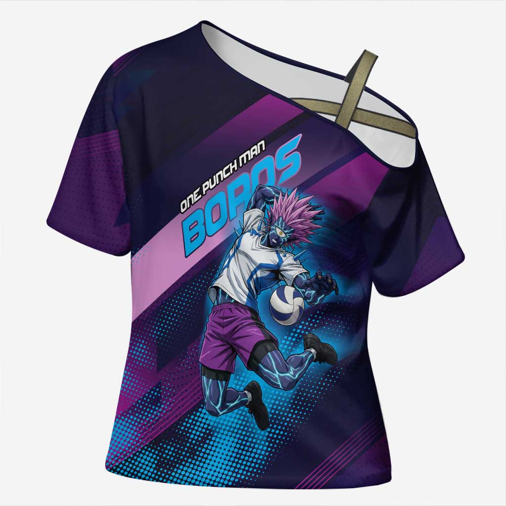 Personalized Boros Volleyball Action Design Cross Shoulder Shirt With a dynamic sporty style in purple and blue.