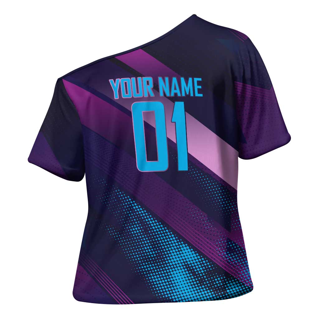 Personalized Boros Volleyball Action Design Cross Shoulder Shirt With a dynamic sporty style in purple and blue.