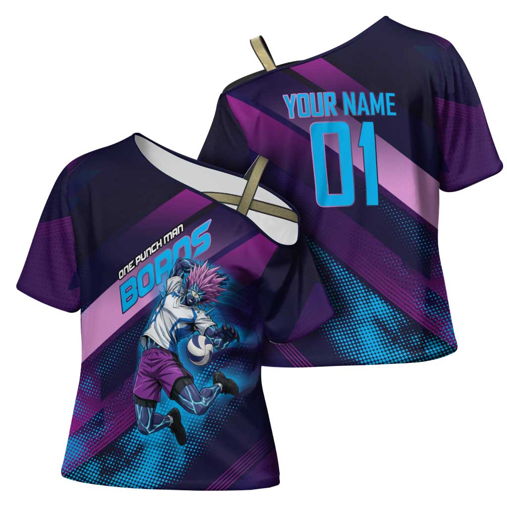 Personalized Boros Volleyball Action Design Cross Shoulder Shirt With a dynamic sporty style in purple and blue.