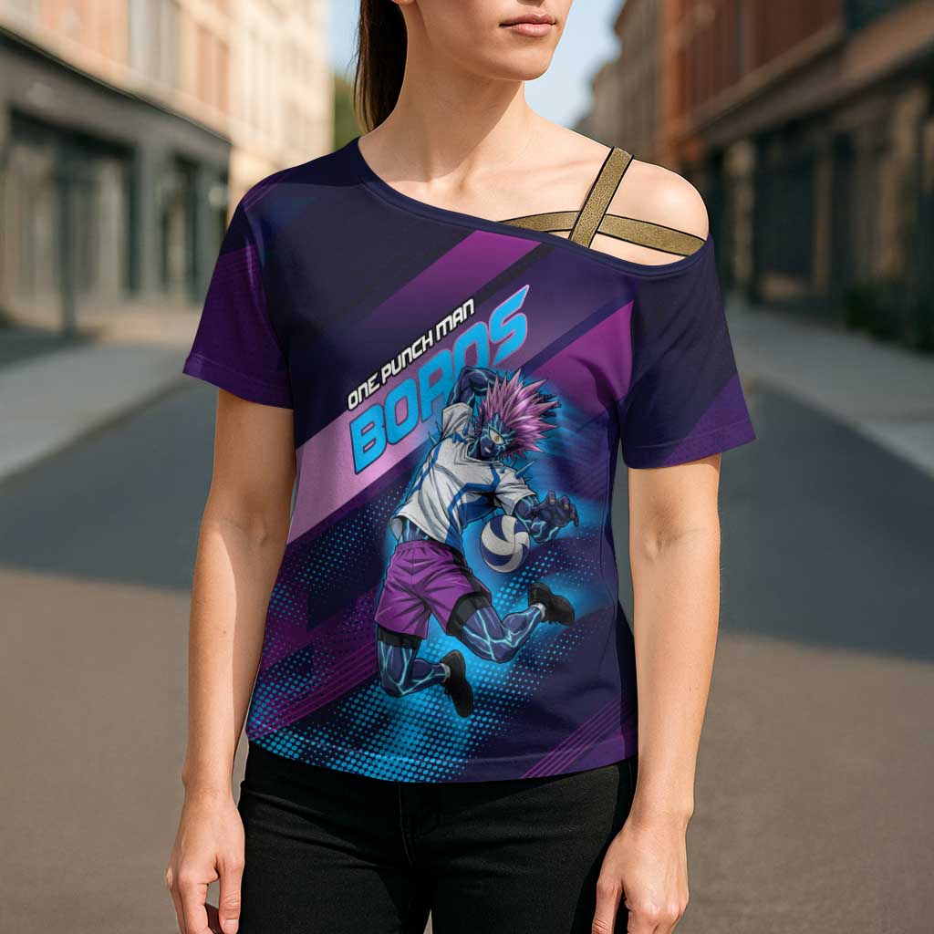 Personalized Boros Volleyball Action Design Cross Shoulder Shirt With a dynamic sporty style in purple and blue.