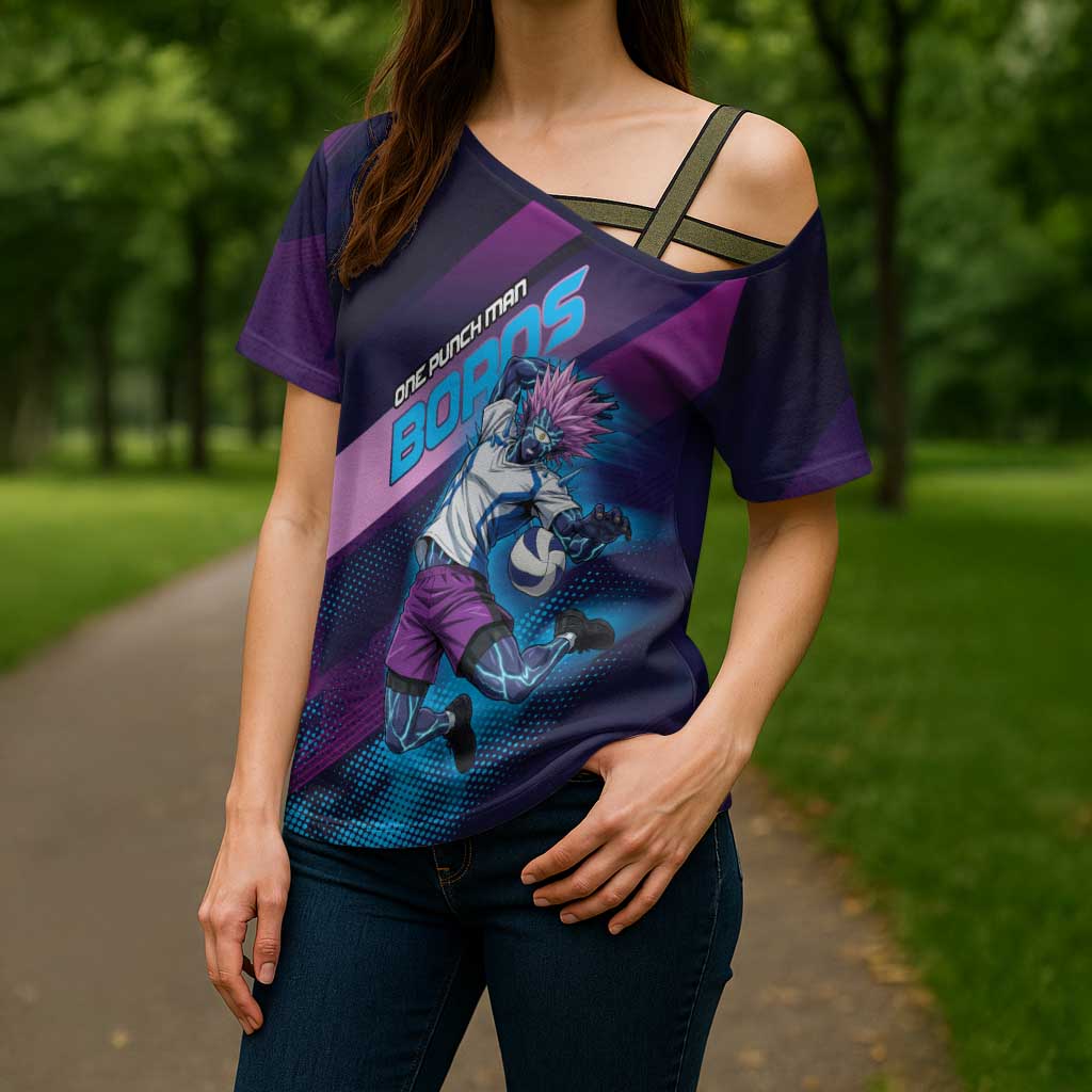 Personalized Boros Volleyball Action Design Cross Shoulder Shirt With a dynamic sporty style in purple and blue.