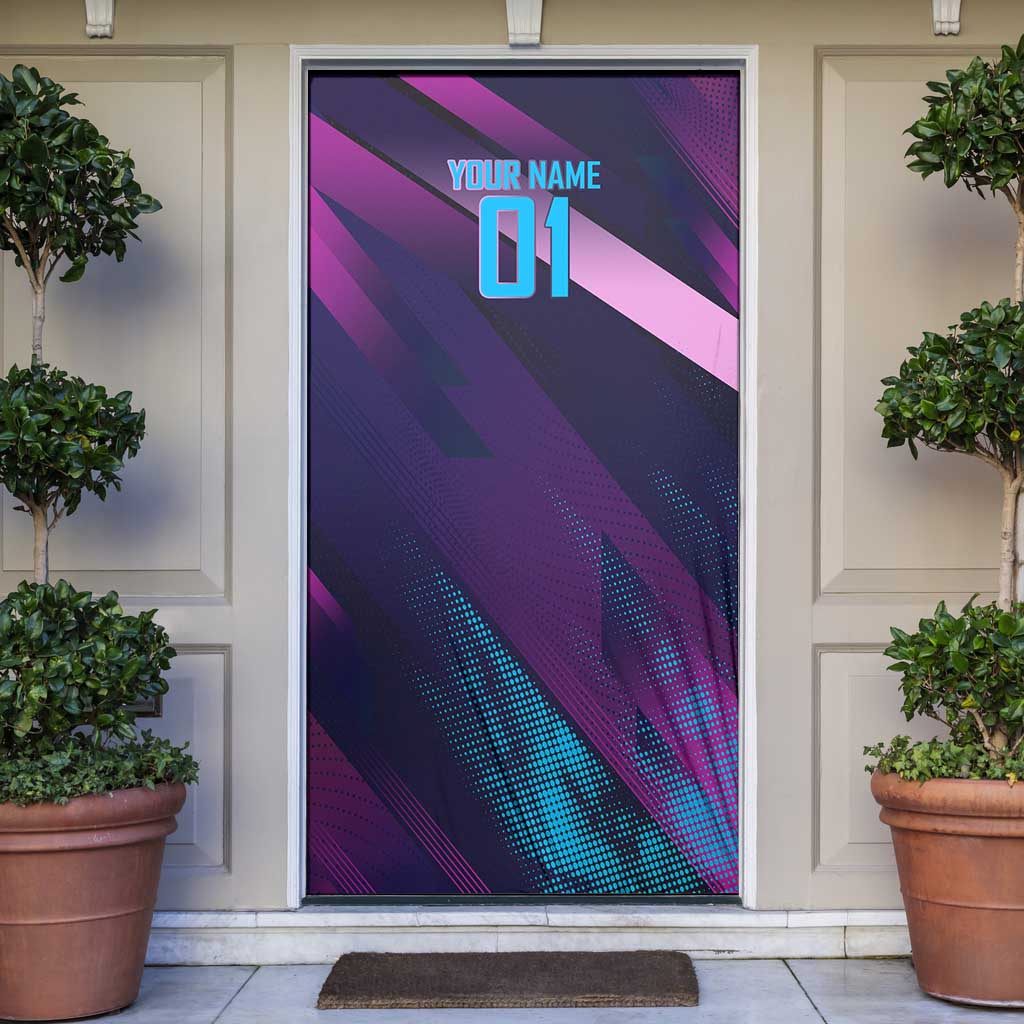 Personalized Boros Volleyball Action Design Door Cover With a dynamic sporty style in purple and blue.