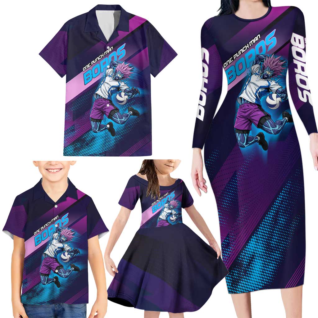 Personalized Boros Volleyball Action Design Family Matching Long Sleeve Bodycon Dress and Hawaiian Shirt With a dynamic sporty style in purple and blue.