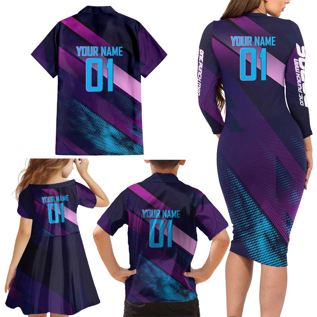 Personalized Boros Volleyball Action Design Family Matching Long Sleeve Bodycon Dress and Hawaiian Shirt With a dynamic sporty style in purple and blue.