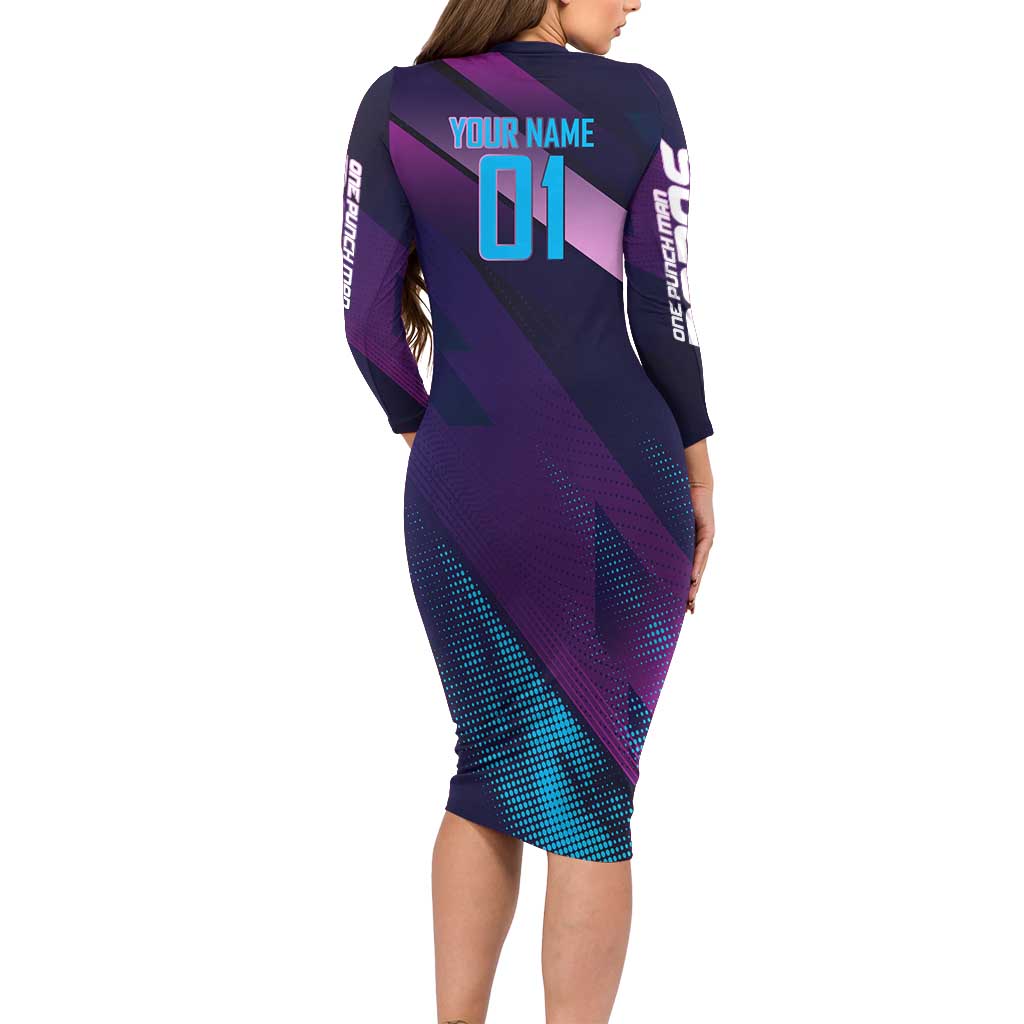 Personalized Boros Volleyball Action Design Family Matching Long Sleeve Bodycon Dress and Hawaiian Shirt With a dynamic sporty style in purple and blue.