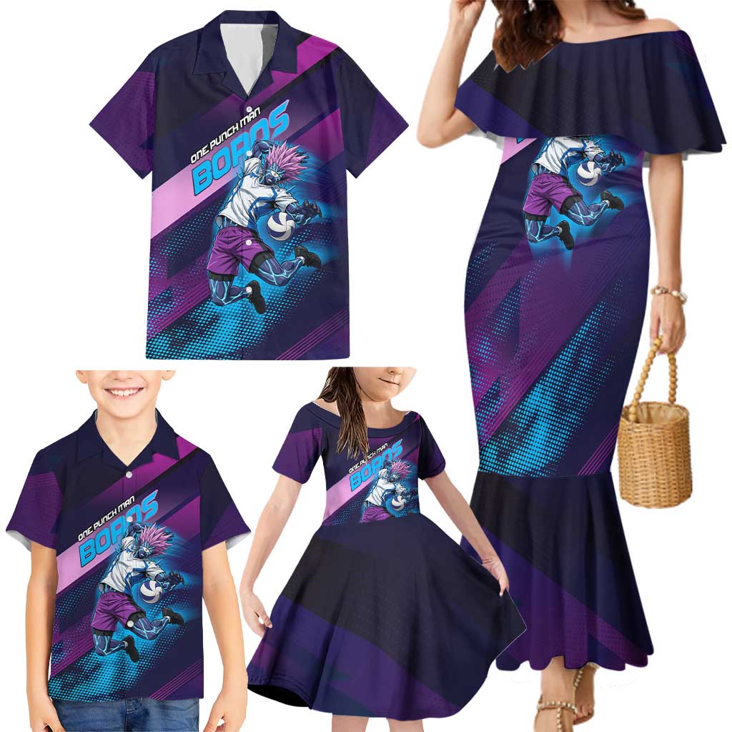 Personalized Boros Volleyball Action Design Family Matching Mermaid Dress and Hawaiian Shirt With a dynamic sporty style in purple and blue.