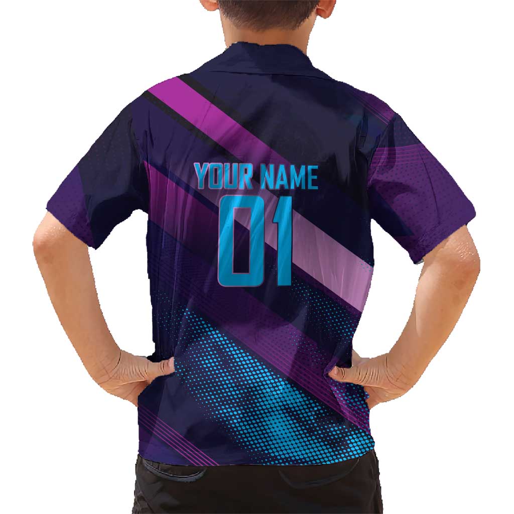 Personalized Boros Volleyball Action Design Family Matching Mermaid Dress and Hawaiian Shirt With a dynamic sporty style in purple and blue.