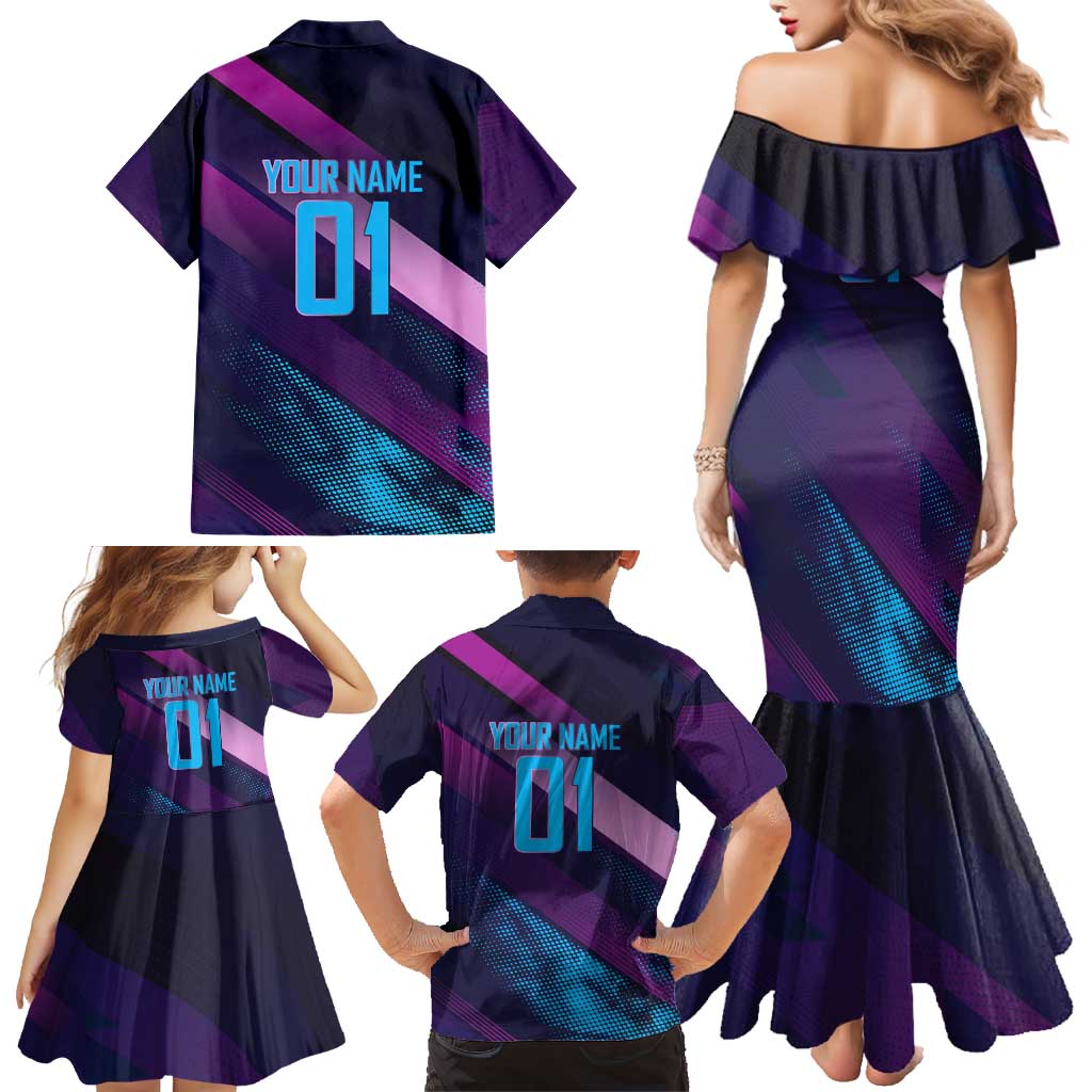 Personalized Boros Volleyball Action Design Family Matching Mermaid Dress and Hawaiian Shirt With a dynamic sporty style in purple and blue.