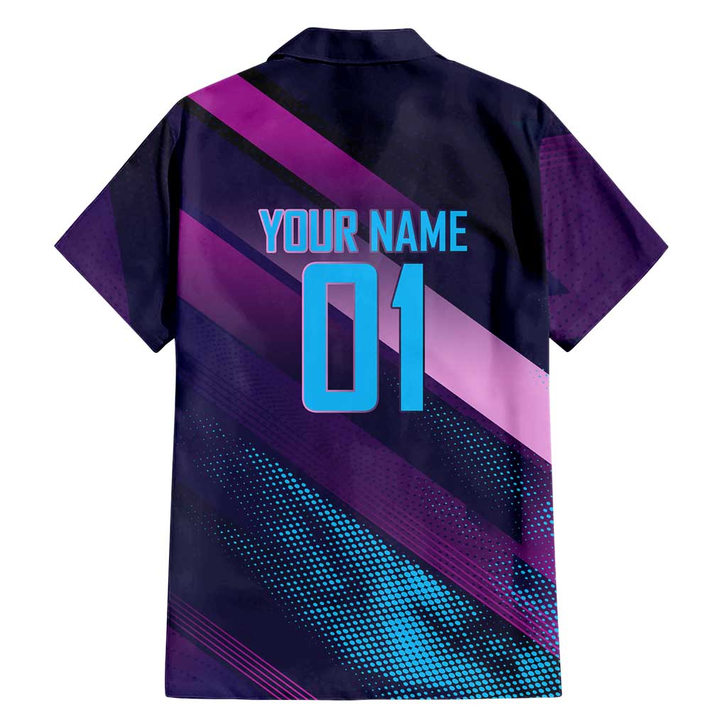 Personalized Boros Volleyball Action Design Family Matching Mermaid Dress and Hawaiian Shirt With a dynamic sporty style in purple and blue.