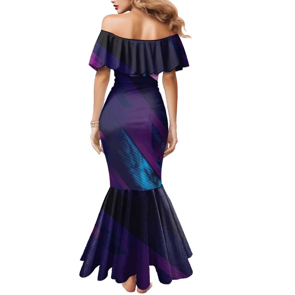 Personalized Boros Volleyball Action Design Family Matching Mermaid Dress and Hawaiian Shirt With a dynamic sporty style in purple and blue.