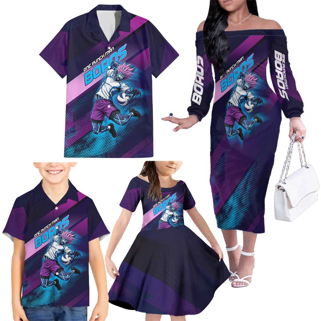Personalized Boros Volleyball Action Design Family Matching Off The Shoulder Long Sleeve Dress and Hawaiian Shirt With a dynamic sporty style in purple and blue.