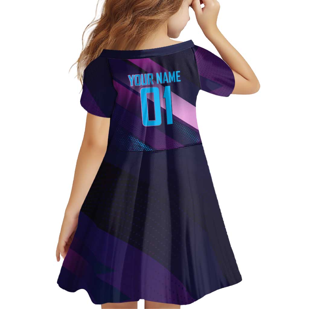Personalized Boros Volleyball Action Design Family Matching Off The Shoulder Long Sleeve Dress and Hawaiian Shirt With a dynamic sporty style in purple and blue.