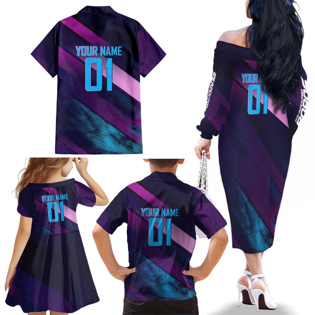Personalized Boros Volleyball Action Design Family Matching Off The Shoulder Long Sleeve Dress and Hawaiian Shirt With a dynamic sporty style in purple and blue.
