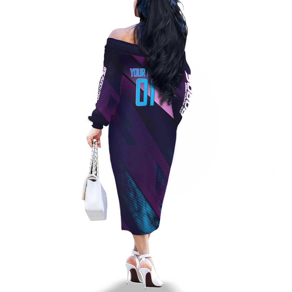 Personalized Boros Volleyball Action Design Family Matching Off The Shoulder Long Sleeve Dress and Hawaiian Shirt With a dynamic sporty style in purple and blue.