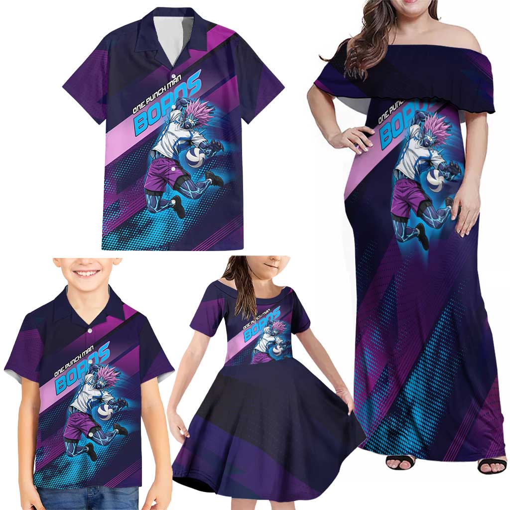 Personalized Boros Volleyball Action Design Family Matching Off Shoulder Maxi Dress and Hawaiian Shirt With a dynamic sporty style in purple and blue.