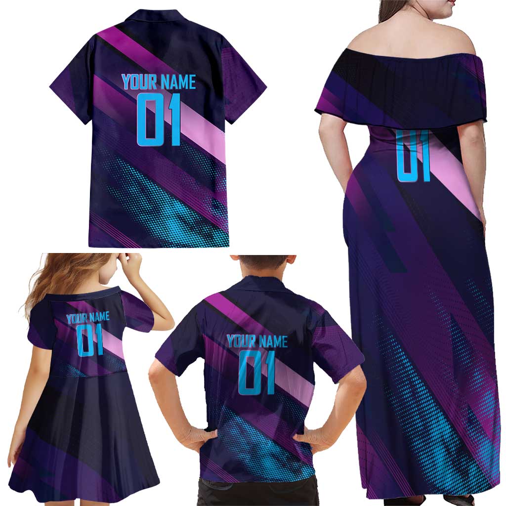 Personalized Boros Volleyball Action Design Family Matching Off Shoulder Maxi Dress and Hawaiian Shirt With a dynamic sporty style in purple and blue.