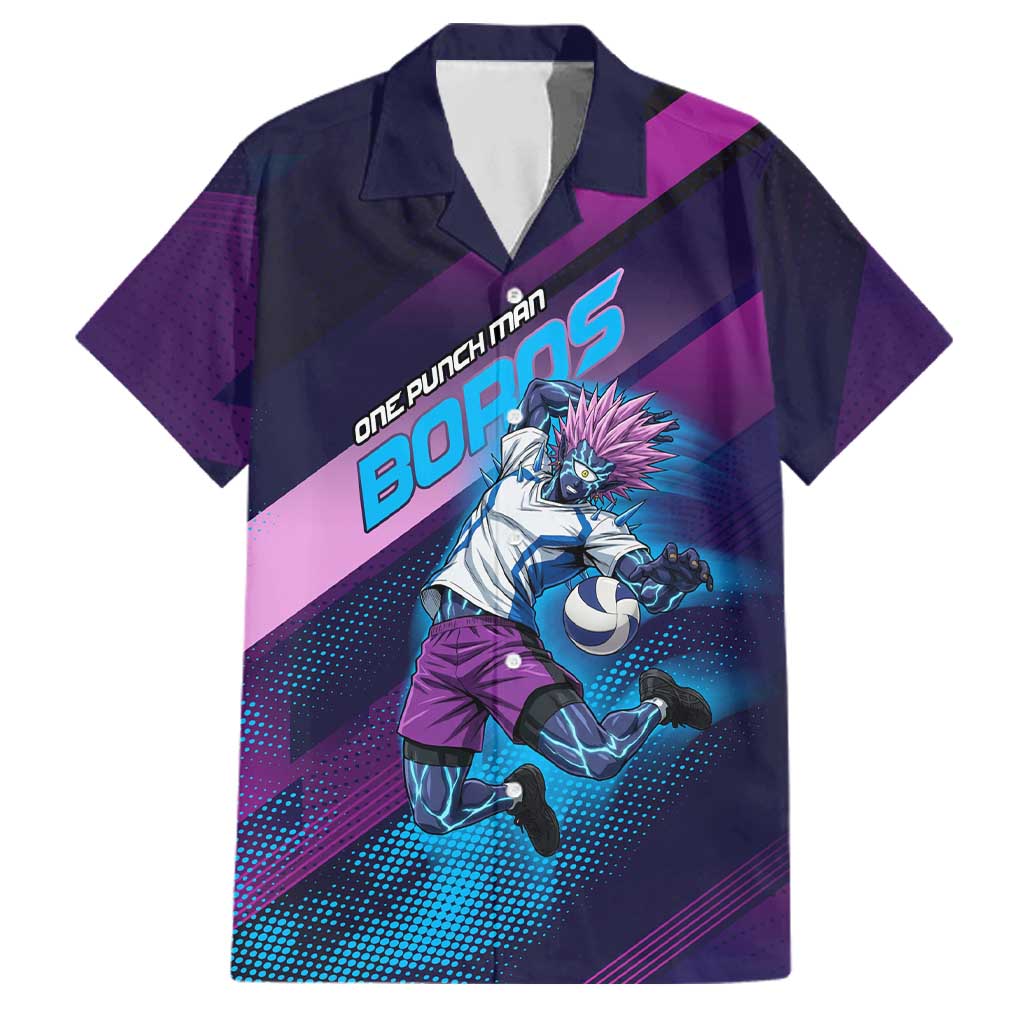 Personalized Boros Volleyball Action Design Family Matching Off Shoulder Maxi Dress and Hawaiian Shirt With a dynamic sporty style in purple and blue.