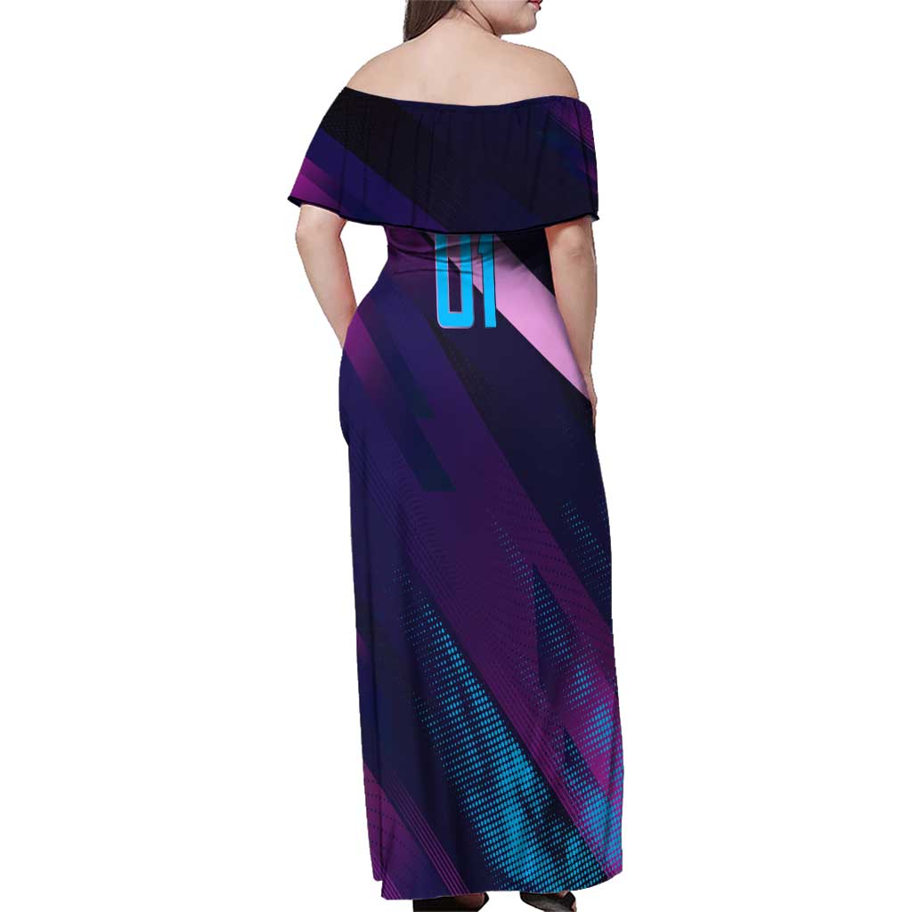 Personalized Boros Volleyball Action Design Family Matching Off Shoulder Maxi Dress and Hawaiian Shirt With a dynamic sporty style in purple and blue.