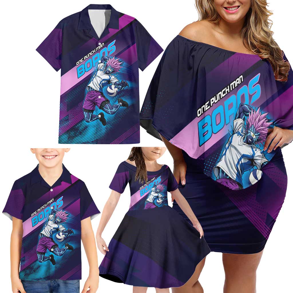 Personalized Boros Volleyball Action Design Family Matching Off Shoulder Short Dress and Hawaiian Shirt With a dynamic sporty style in purple and blue.