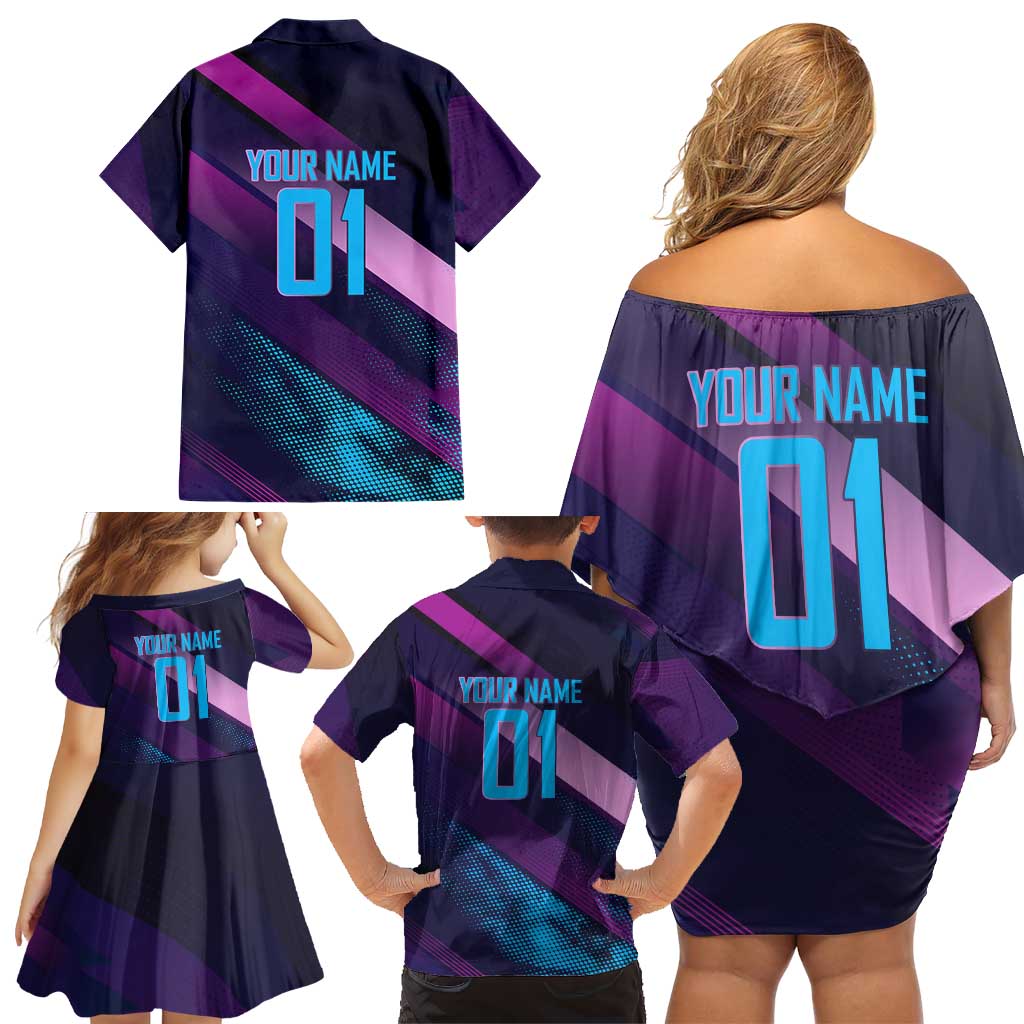 Personalized Boros Volleyball Action Design Family Matching Off Shoulder Short Dress and Hawaiian Shirt With a dynamic sporty style in purple and blue.